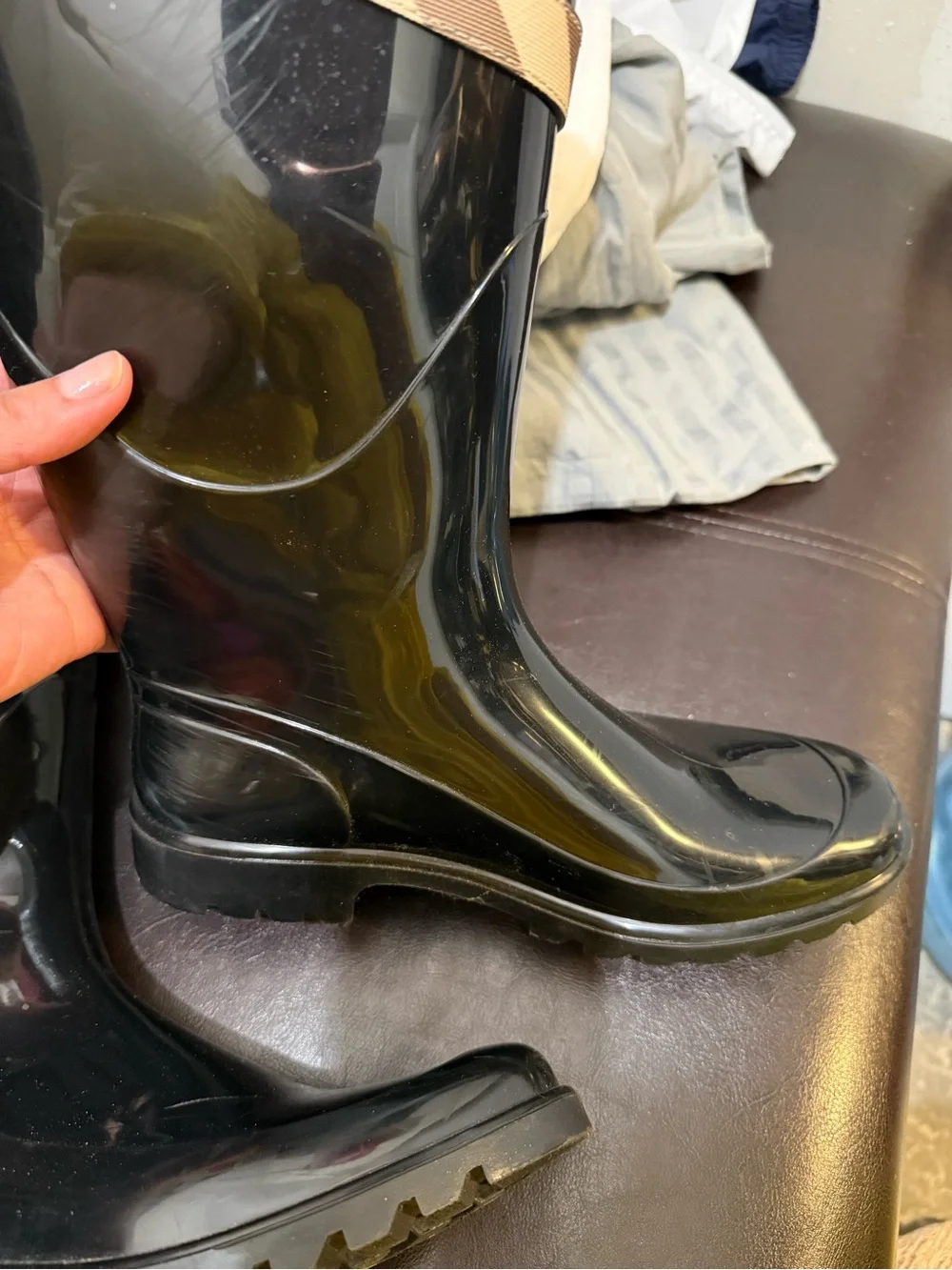 Authentic Burberry Black Rain Boots with Plaid Strap